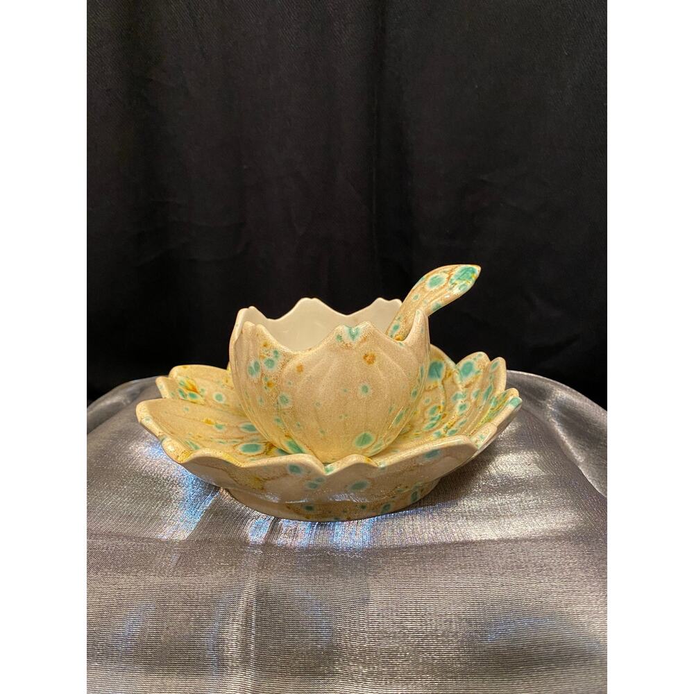 Handmade, Art Pottery Condiment Serving Set, Three (3) pieces Trippy Hippie  EUC